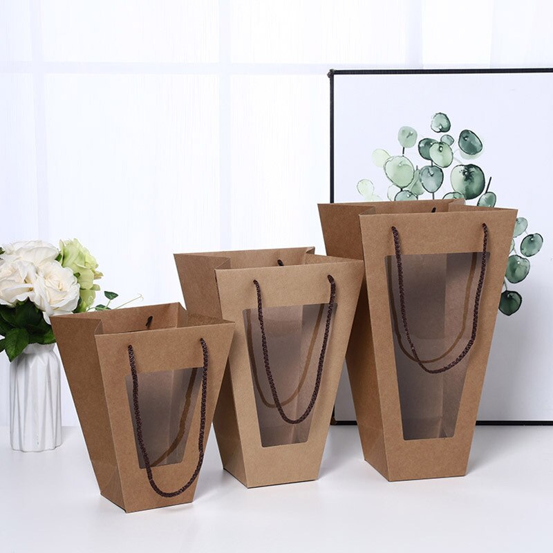 Kraft Paper Transparent Flower Box Waterproof Flower Packaging Box Flower Basket Flower Folding Handbag