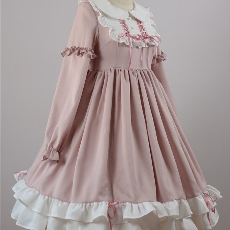 De manga larga de Lolita clásico vestido de Cosplay traje de algodón vestido JSK para niña rosa Borgoña oscuro verde vestido de Lolita: Rosa / L