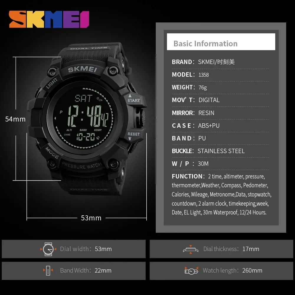 Skmei 1358 altímetro rastreador meteorológico Reloj impermeable Hombre relojes al aire libre hombres presión brújula deporte relojes de pulsera digitales