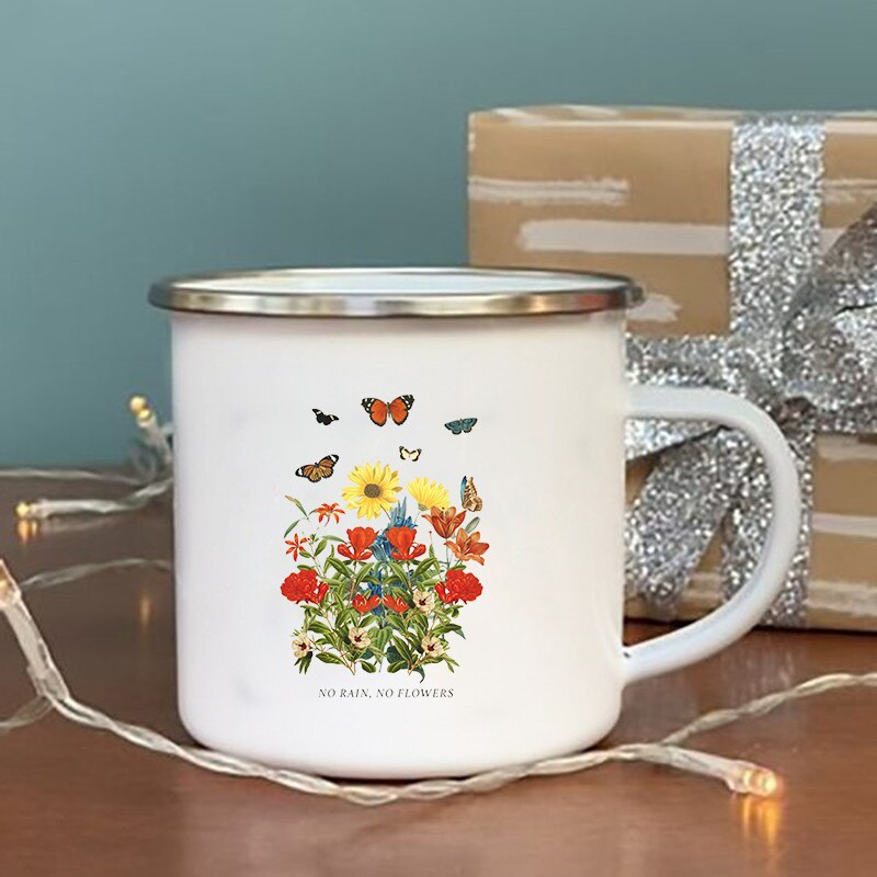 Ingen regn ingen blomst print emalje krus vintage kaffe vin kopp drikke dessert melk kopp camping krus håndtak drinkware