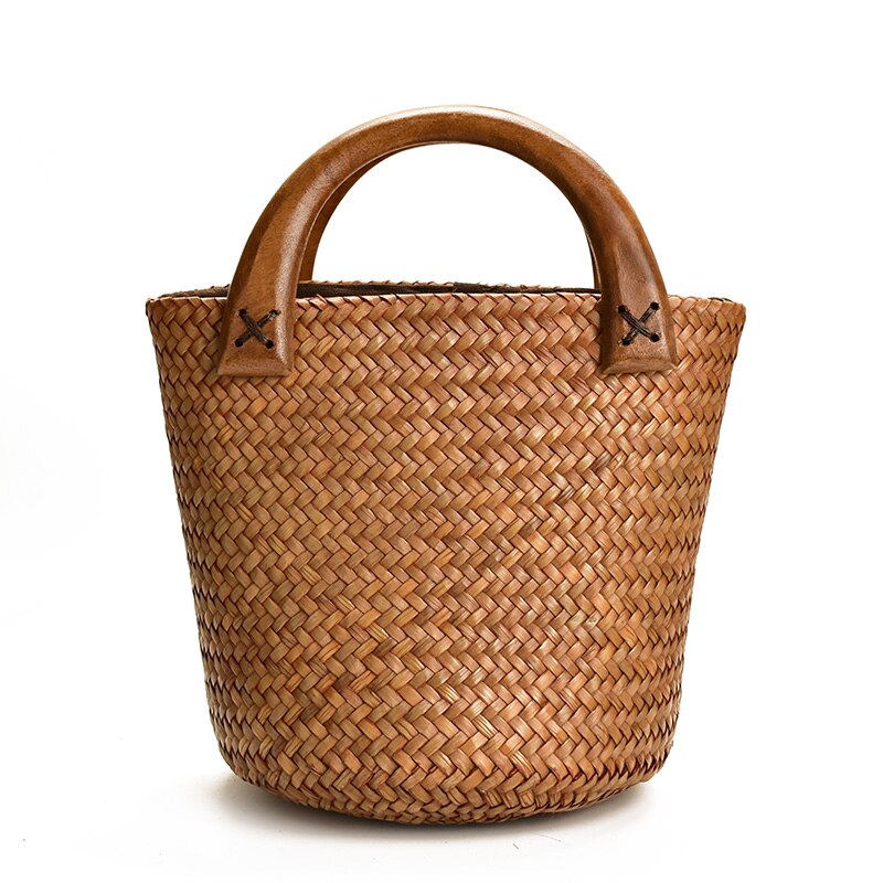 Håndlavet træhåndtag halmpose vintage vævede håndtasker kystferiepose rattan spandpose