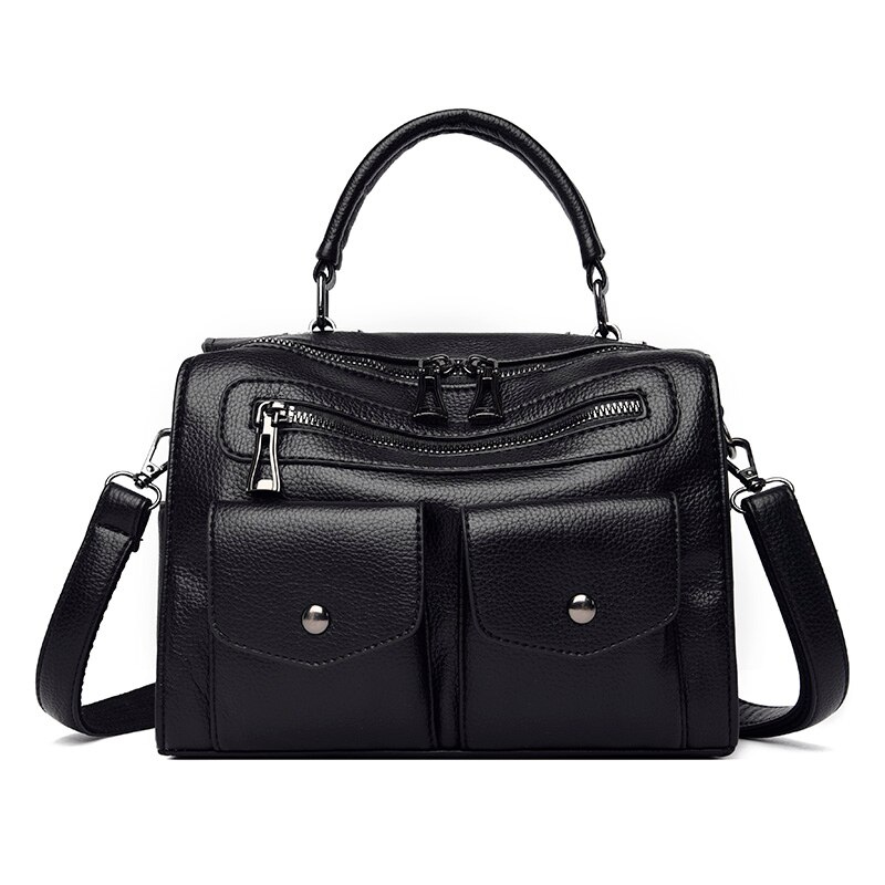 Multi-function Ladies Shoulder Bag PU Leather Women Messenger Bags Multi-pocket Women's Handbag Sac: Black