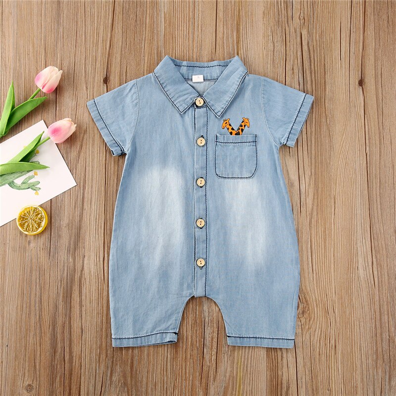 Casual Peuter Baby Jongens Denim Rompertjes Animal Print Korte Mouw Turn Down Kraag Blauw Zomer Jumpsuits