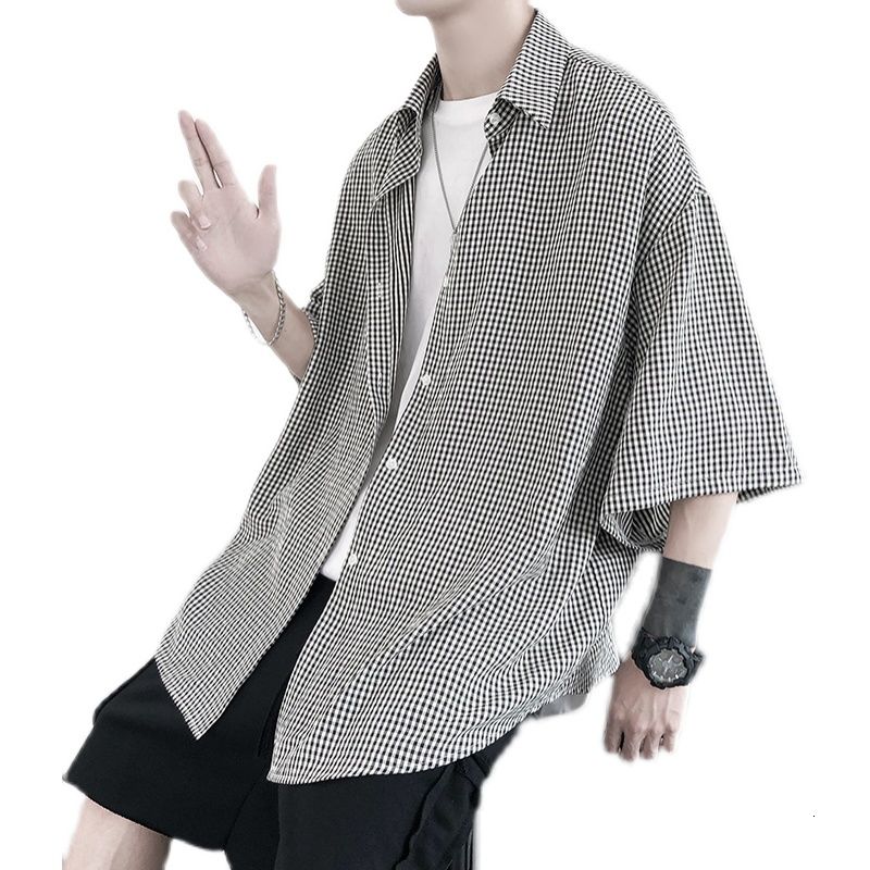 Summer Plaid Shirt Men's Retro Casual Shirt Men Streetwear Korean Loose Short-sleeved Shirt Mens Dress Shirt S-2XL