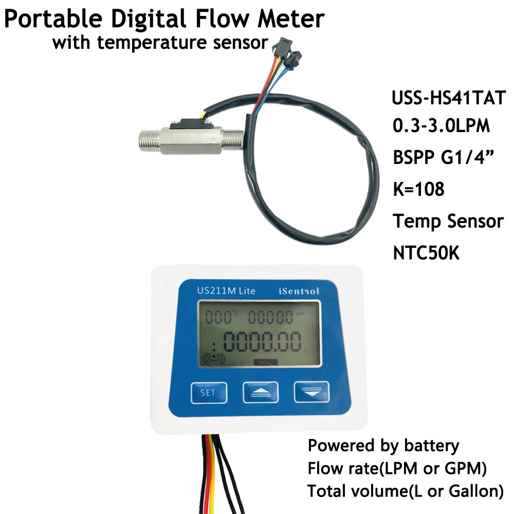 Flowmeter Turbine US211M Lite Digital Flow Meter USS-HS41TAT 0.3-3LPM 5V Flowreader with Temperature Sensor NTC50K Integrated: whole set