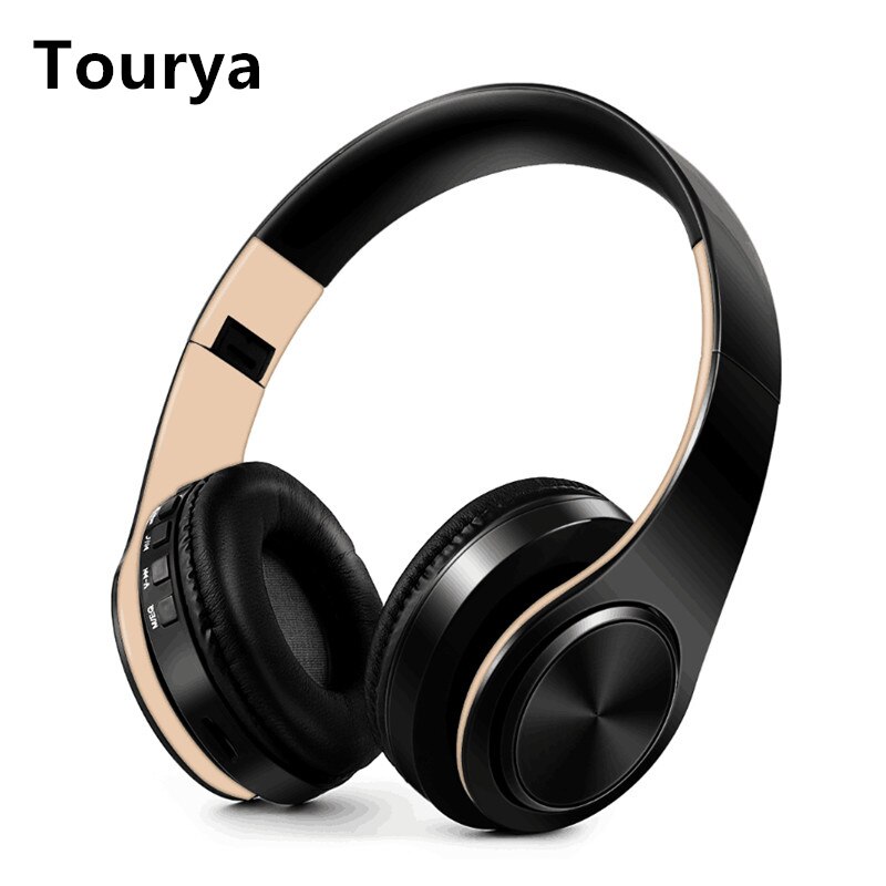 Tourya B7 auriculares inalámbricos Bluetooth Auriculares auriculares con micrófono para PC teléfono móvil música: Black Gold