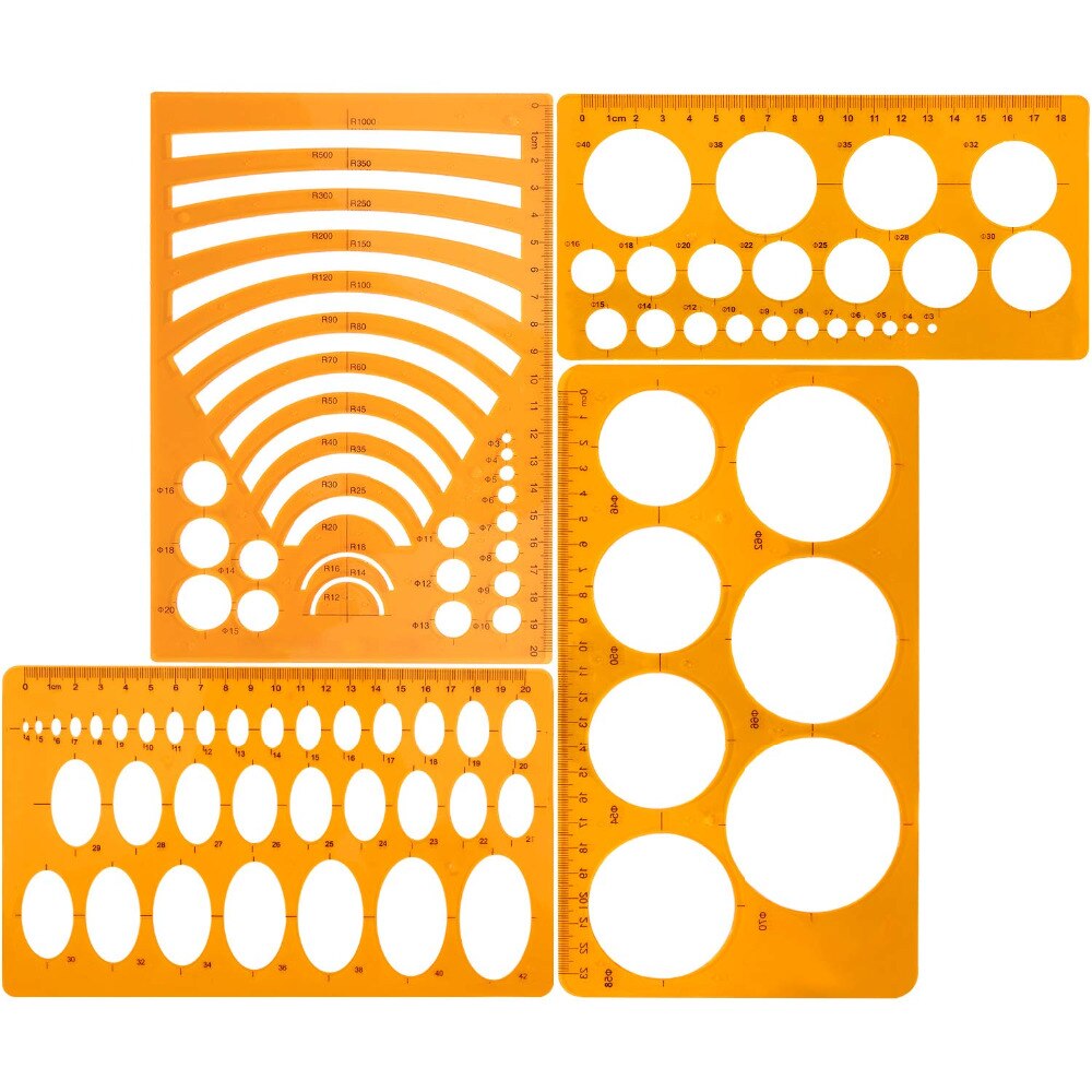 Xrhyy 4 st orange och grön mall plastlinjaler cirkel oval cirkel radie ritningsmallar för kontor och skolmaterial