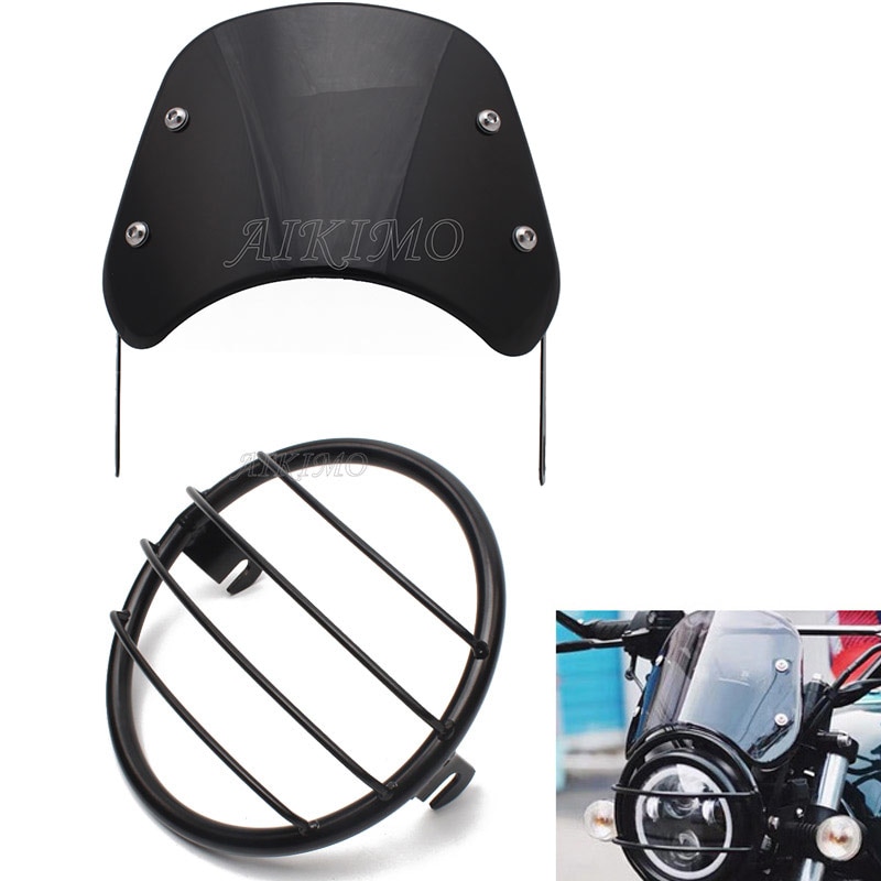 Old school metalen motorfiets koplamp grill zijmontage afdekking + zwarte voorruit windgeleider windscherm universeel voor koplamp