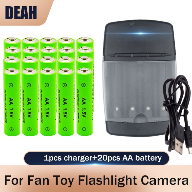 Batterie alcaline Rechargeable AA 1.5V 3000mAh + chargeur de batterie alcaline USB intelligent à 4 emplacements pour pile AA AAA 14500 10440 16340 10440: 1charger 20batteries