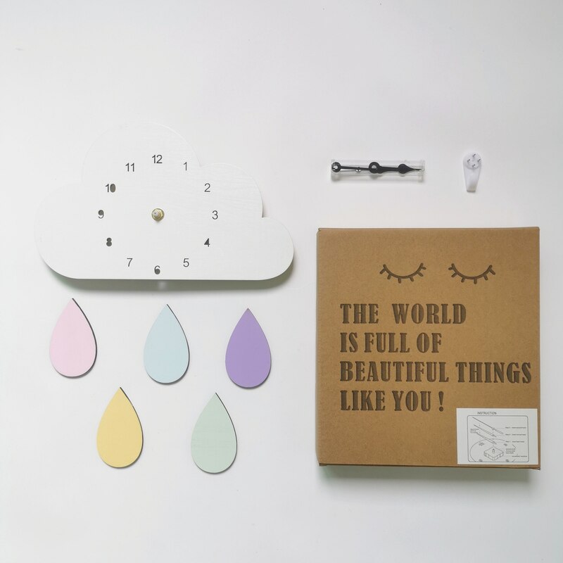 Nordic Rain Wall Clock Cute Cloud With Rainbow Rain Shape Baby Room Kids Girls Wood Mute Timepiece Watch Bedroom 2022