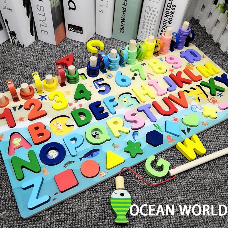 Puzzle in legno forma Sorter Board conteggio anelli impilabili pesca magnetica educazione precoce giocattoli di apprendimento per bambini di 3-6 anni: Ocean World