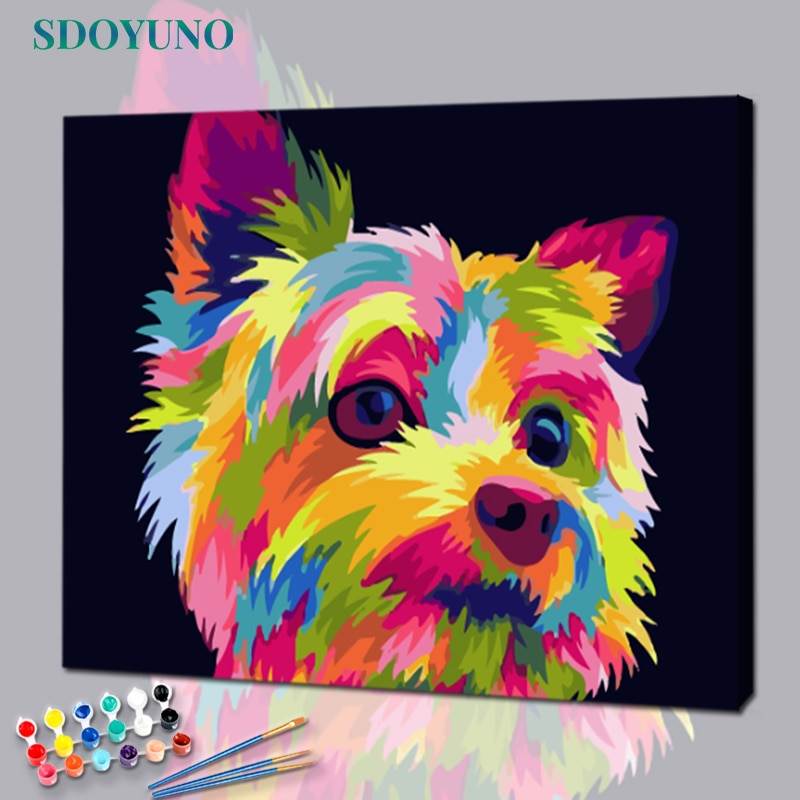 SDOYUNO Acryl Farbe Durch Zahlen Bunte Hunde DIY 60x75cm Ölgemälde Durch Zahlen Leinwand Malerei Tiere Hause Dekor