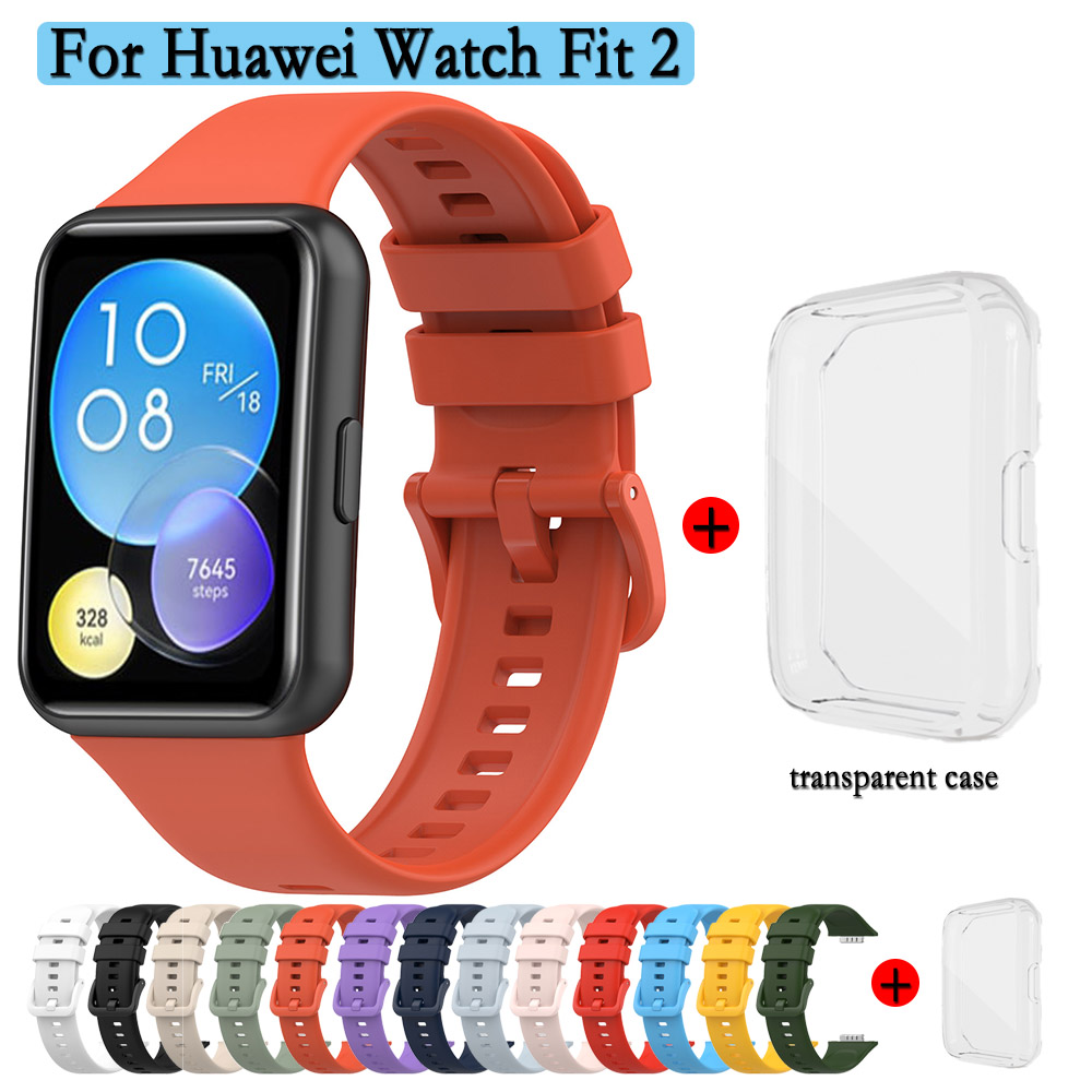 Huawei watch fit 2 -ranneke + kotelo, samanvärinen solkiranneke ja läpinäkyvä kellokuori