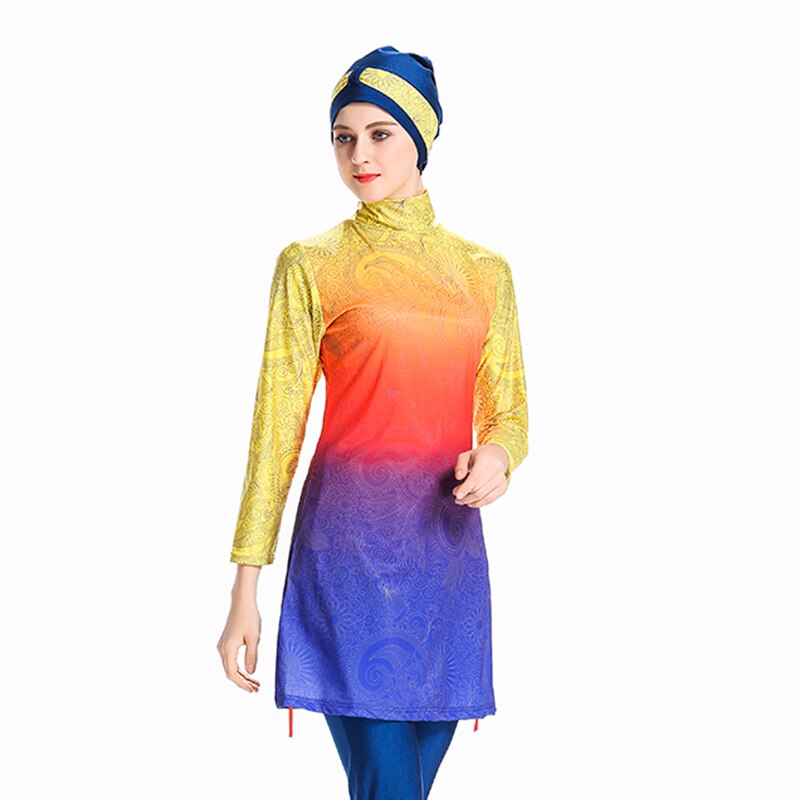 HAOFAN Nuovo Abbigliamento spiaggia per Musulmani Donne Modest Patchwork Hijab Maniche Lunghe vestito di Sport Costume Da Bagno Islamico muslimah Burkinis Costume Da Bagno di Usura