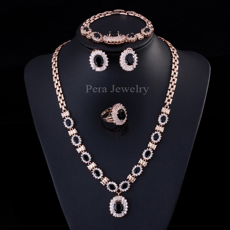 Pera 4 Stuk Sets Grote Zirconia Vrouwen Goud Kleur Ronde Groene Steen Afrikaanse Dubai Bruiloft Sieraden Sets j087: Black