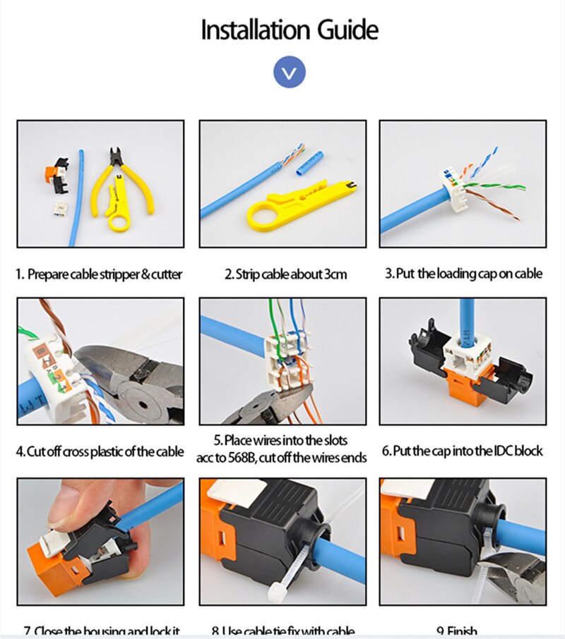 RJ45 Connector Cat6 Jack Modules RJ 45 Female Tool Less Cat 6 Keystone Repeatable Using For 23-26AWG Cable 15u&quot; Gold Plated