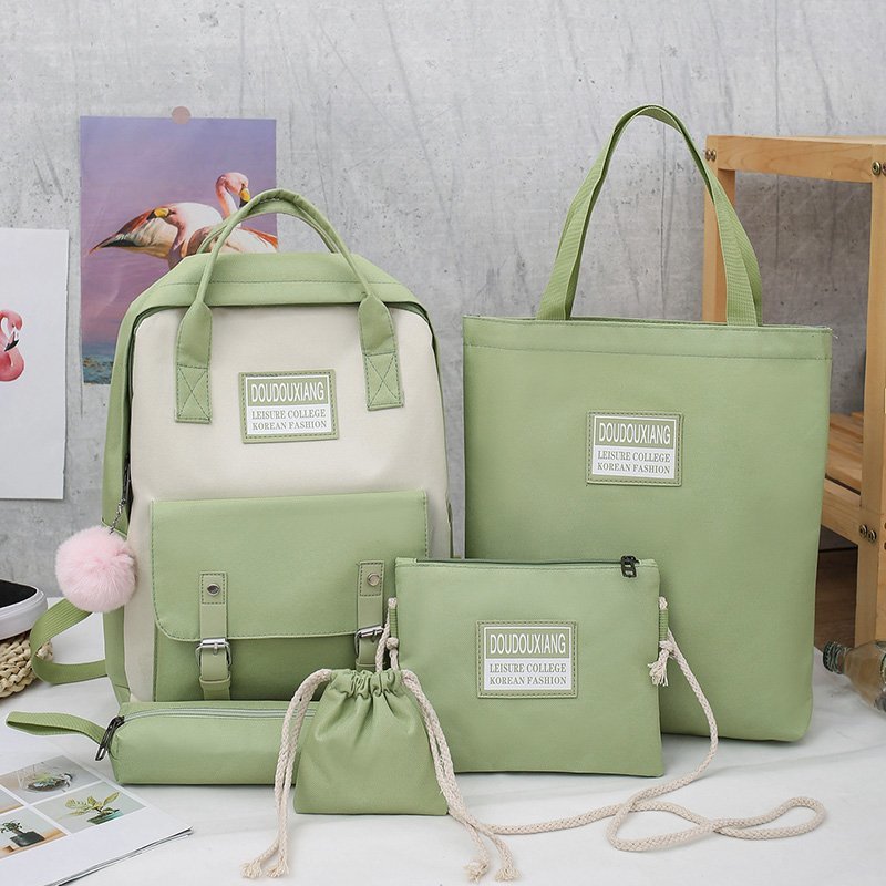 5 Delige Set Hoge Schooltassen Voor Tiener Meisjes Canvas Rugzak Vrouwen Bookbags Tiener Student Schooltas Bolsas Escolar: Army Green