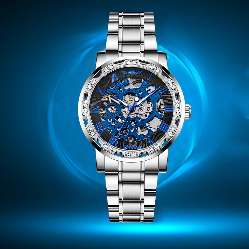 Winnaar Transparant Mode Diamant Display Lichtgevende Handen Versnelling Beweging Retro Mannen Mechanisch Skeleton Horloges