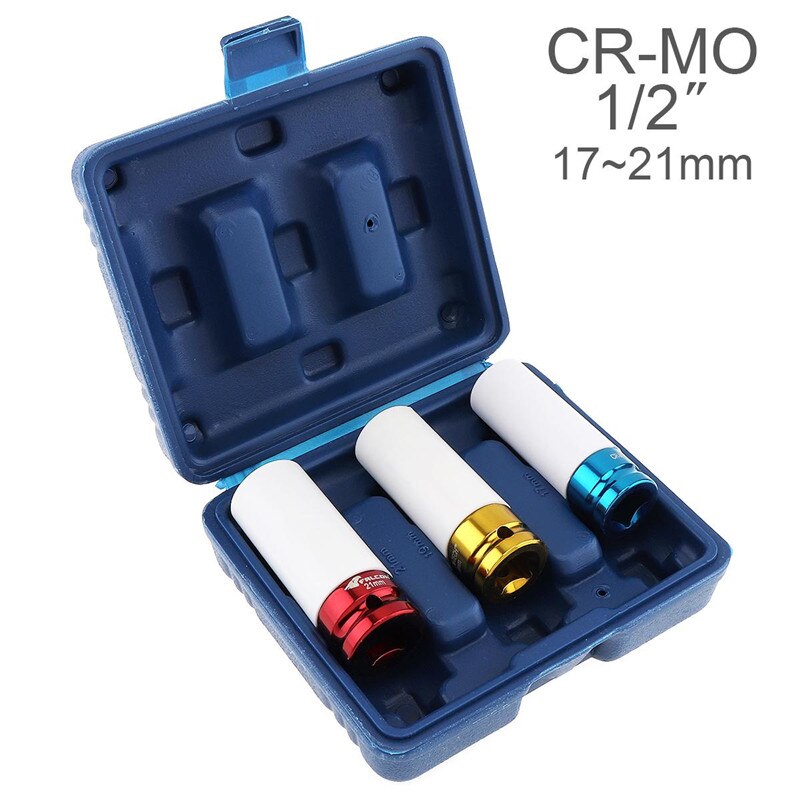 3 st 17/19/21mm färgglada hylsor däckskyddshylsa vägg djupgående mutterhylsa högkolstålhjul för bilreparation