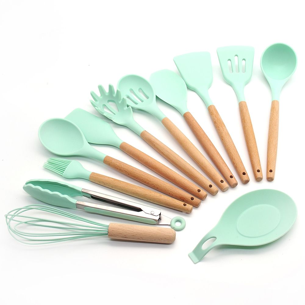 Utensilios de cocina con mango de madera, cabezal de silicona, cuchara para Pasta, batidor de huevos, espátula, utensilios de cocina, 1 unidad