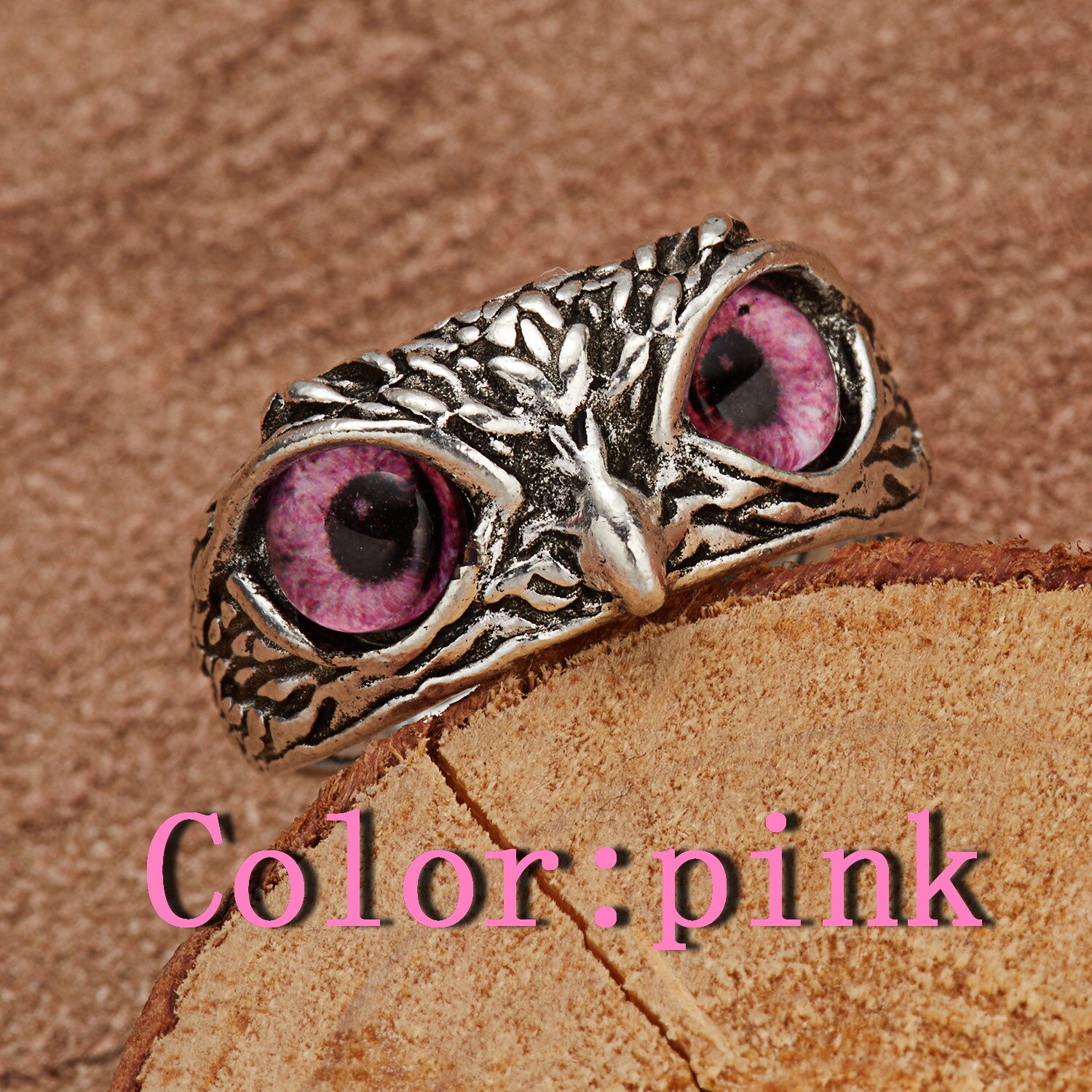 Anillo de búho Retro Para hombre y mujer, accesorio ajustable, de Color plateado antiguo, animales, joyería de ojos azules,: Pink