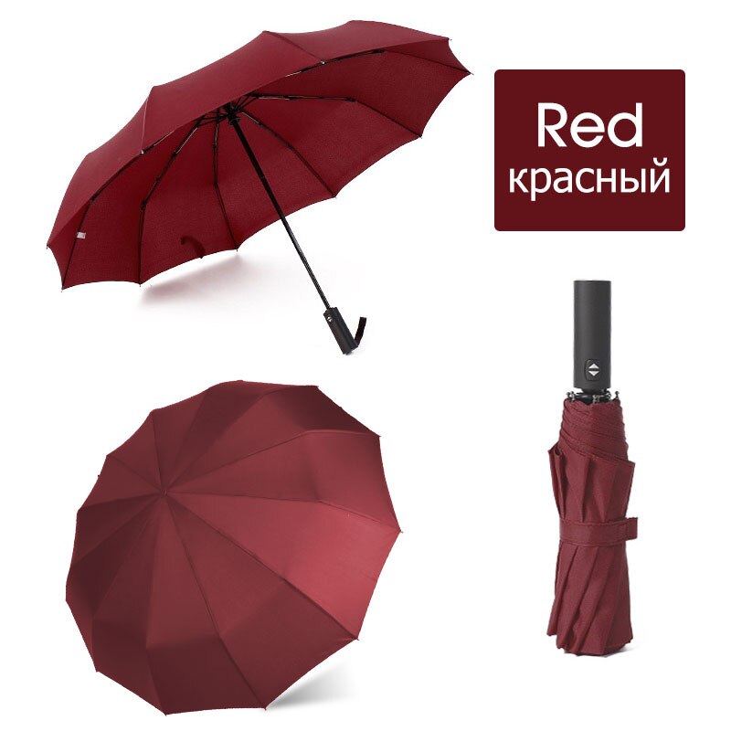 12K Strong Wind Resistant Folding Automatic Umbrella Men Rain Women Parasol Big Umbrellas Business Portable Long Handle Paraguas: Red