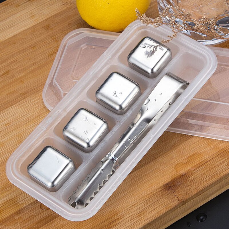 Juego de cubitos de hielo de piedras para Whisky, Cubo de enfriamiento de vino de acero inoxidable de grado alimenticio reutilizable, herramienta de Bar para , cubo de hielo inoxidable: 4Pcs with Tongs