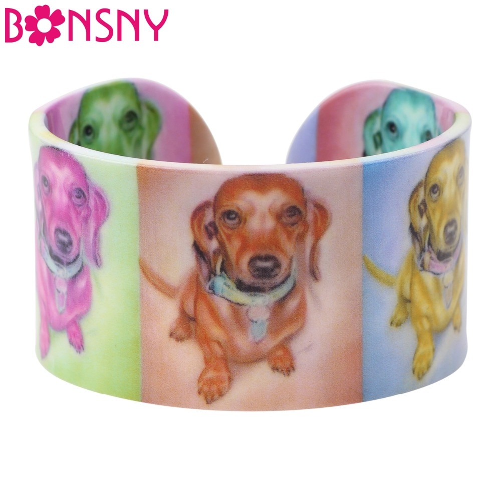 Bonsny Acryl Bunte Langhaarigen Dackel Hund Armreif Nachrichten Modeschmuck Für Frauen Mädchen Sommer Armbänder