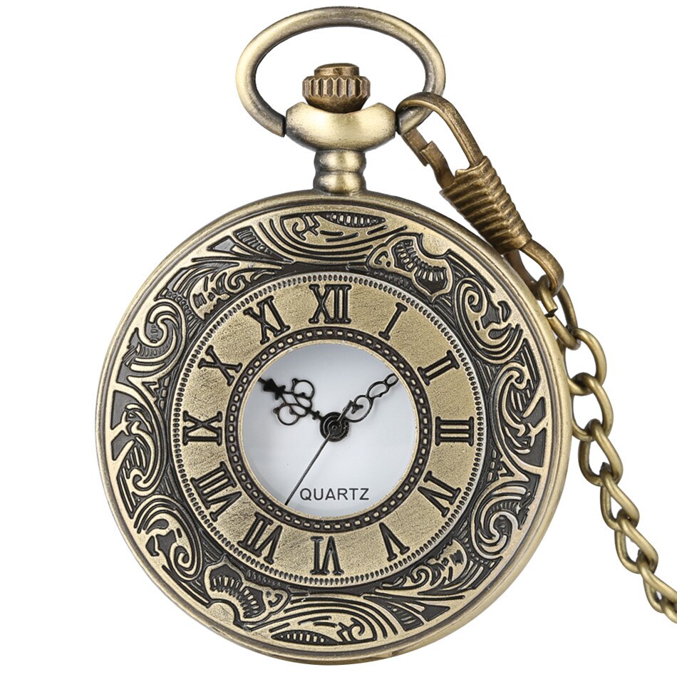 Classic Retro Bronze Roman Numerals Quartz Pocket Watch Half Hunter Arabic Numerals Display Dial Unisex Pendant Pocket Clock: with pocket chain