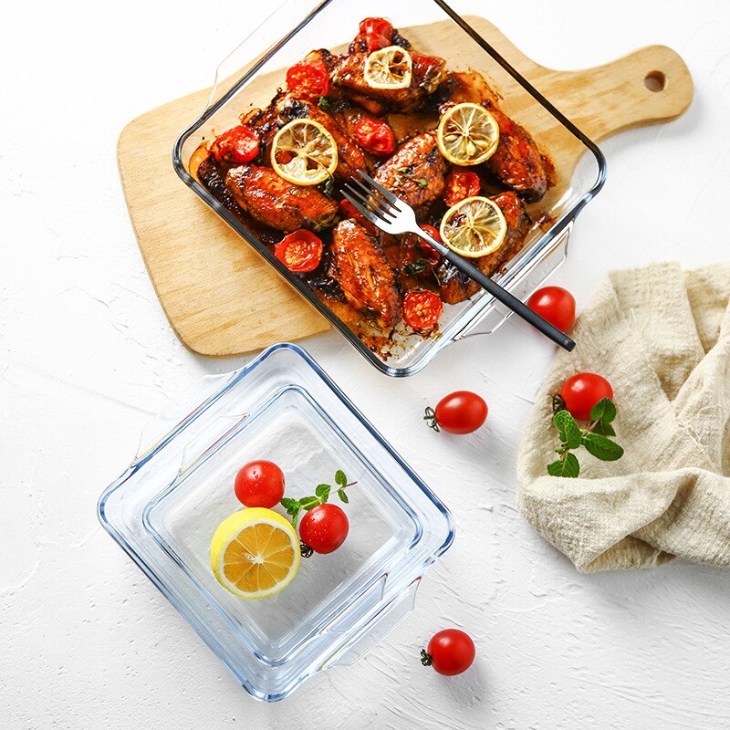 Klart glass ovnsbrett mikrobølgeovn firkantet tallerken ildfast fett med til ører comal kake brød rund ovnsbolle enkel lunsjtallerken