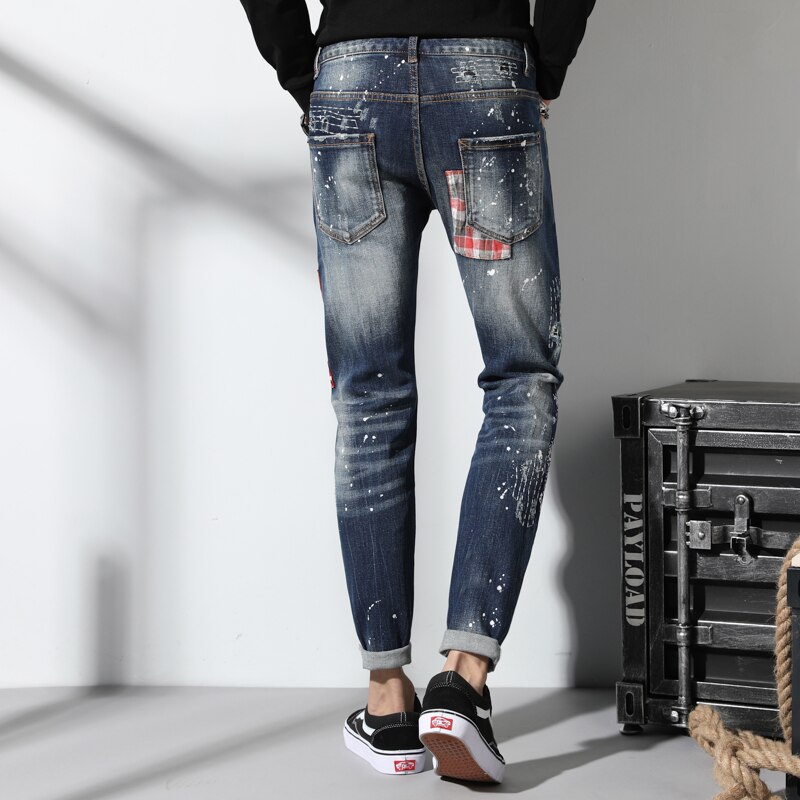 Menn jeans slank passe lappeteppe denim rippet glidelås syklist mager hull broderi lapp stilig