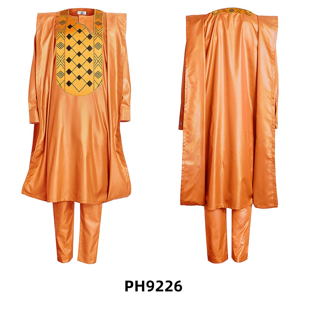 H&amp;d afrikansk kjole til menn kjortel skjorte bukser sett lange armer topper broderi agbada boubou afrikansk tradisjonelle klær 3 stk sett