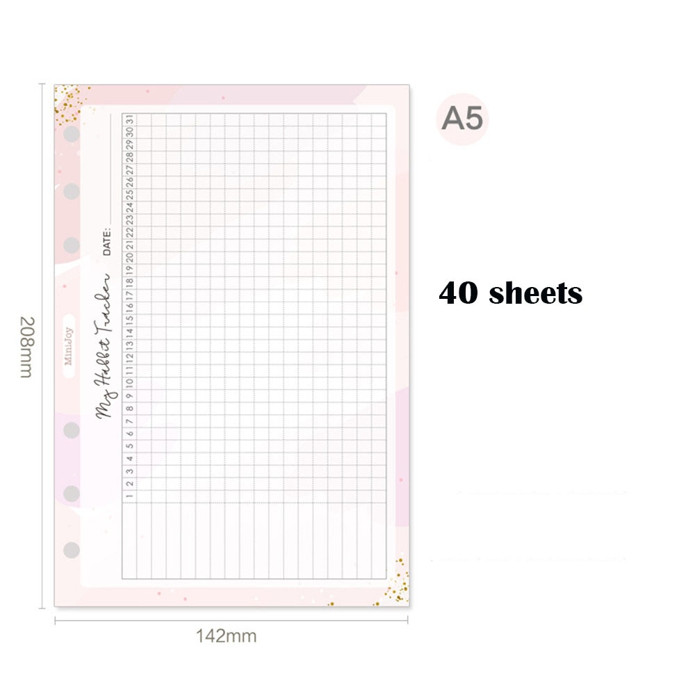 40 Sheets Habbit Tracker Notebook Inner Pages Cute Stationery 6 Holes A5/A6 Refills Loose Leaf Binder Organizer Notebook