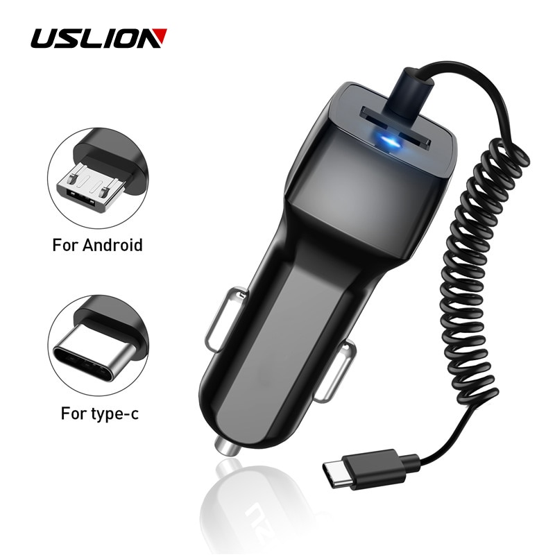 Uslion 24V Mini Usb Autolader Met Micro Usb Type C Kabel Voor Samsung S10 S9 Xiaomi Redmi Note 7 Mobiele Telefoon Usb C Snelle Kabel