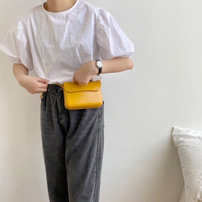 Sommar kvinnor mini crossbody telefonväska enfärgad enkel stil dam axelväska pu läder ungdomsfodral midjeväska ins: Gul