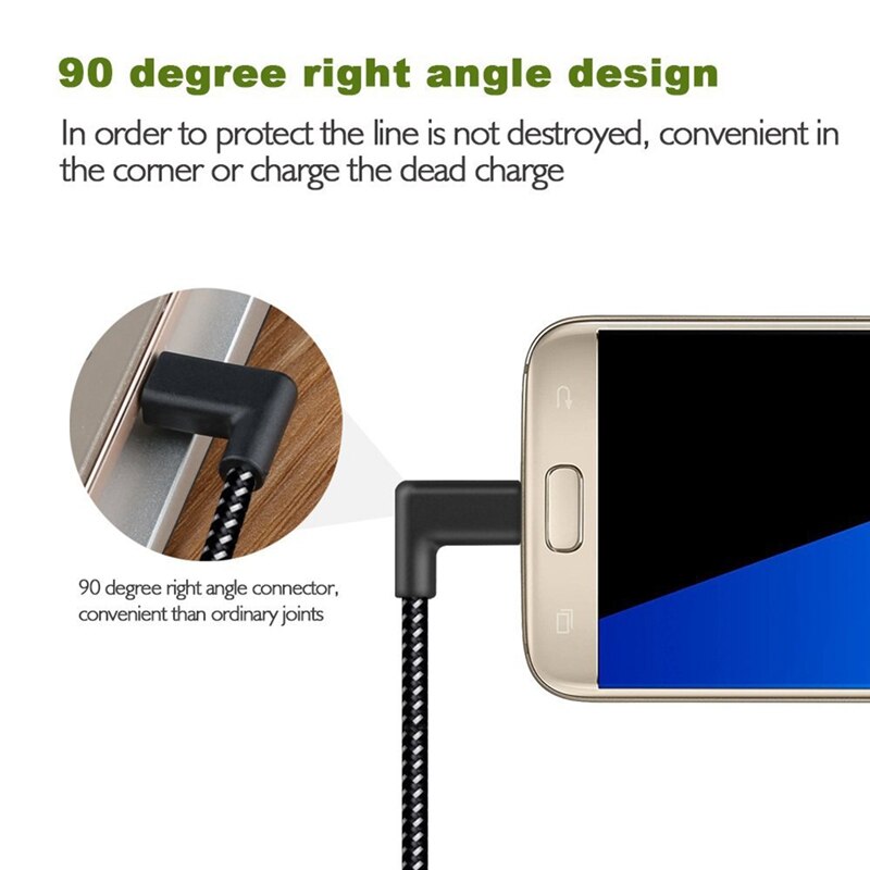 90 Graden Hoek Connector Nylon Gevlochten Smartphone Charger Cable Micro Usb Snel Opladen Power Kabels Voor Android Flexibele & Dura