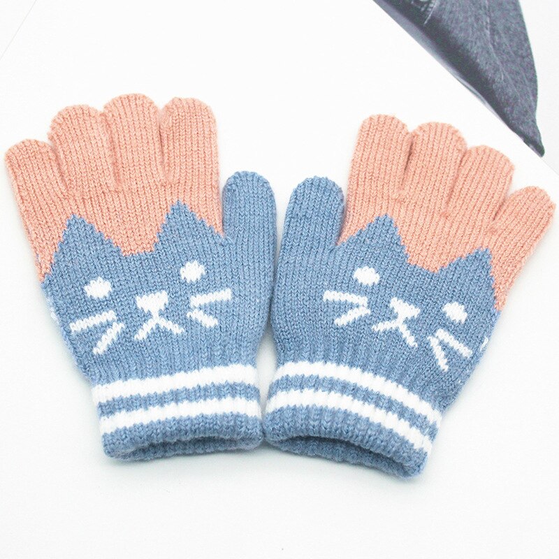 Wecute Kinderen Winter Warme Handschoenen Voor 4-10years Kids Cartoon Kat Handschoenen Vijf Vinger Kasjmier Gebreide Handschoenen Soft Fietsen: Blauw