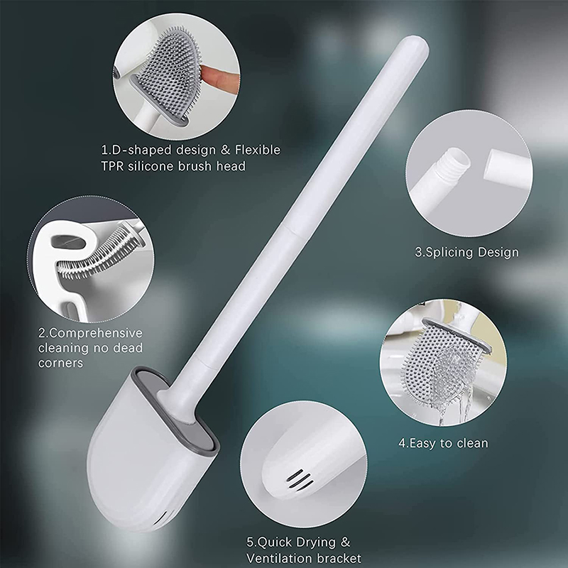 WIKHOSTAR Wall Mounted Toilet Brush Silicone Flat Brush Head Toilet Brush Cleaner Brush Set Toilet Cleaning Brush Bathroom
