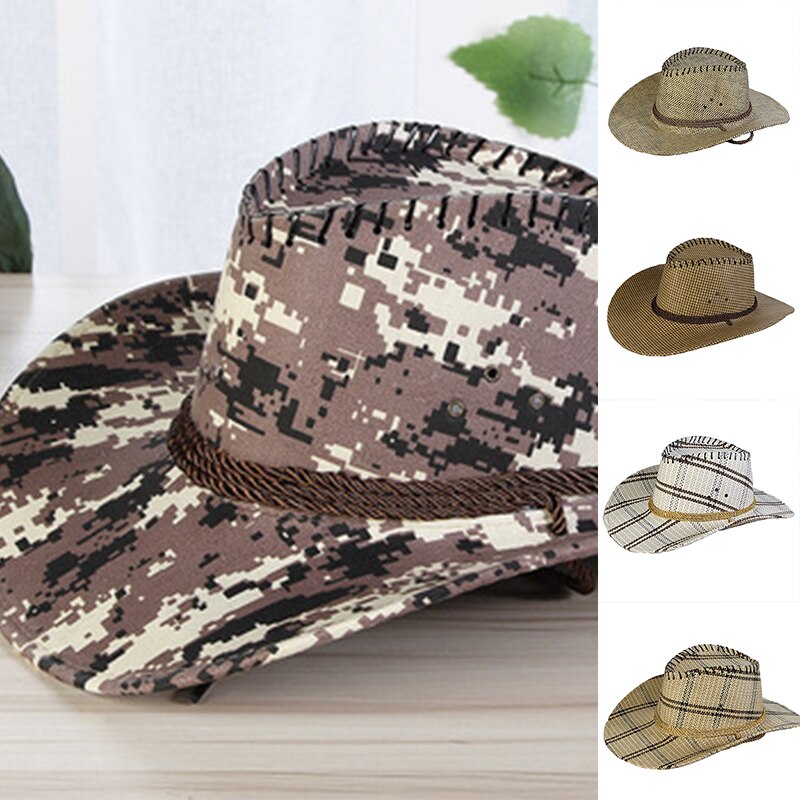 Unisex Summer Straw Camouflage Western Cowboy Hat Leisure Straw Hat UV Protection Outdoor Jazz Brimmed Hiking Sport