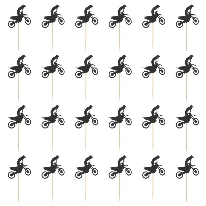 24 Pcs 1 Set Scrambling Motorcycle Theme Cupcake Toppers Dessert Picks Birthday Party Cupcake Toppers (Black)