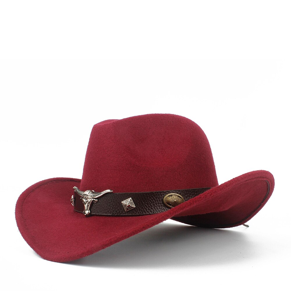 Barn barn ull ihålig western cowboyhatt roll-up brim pojke tjej svart sombrero hombre jazz keps storlek 52-54: Vin, röd