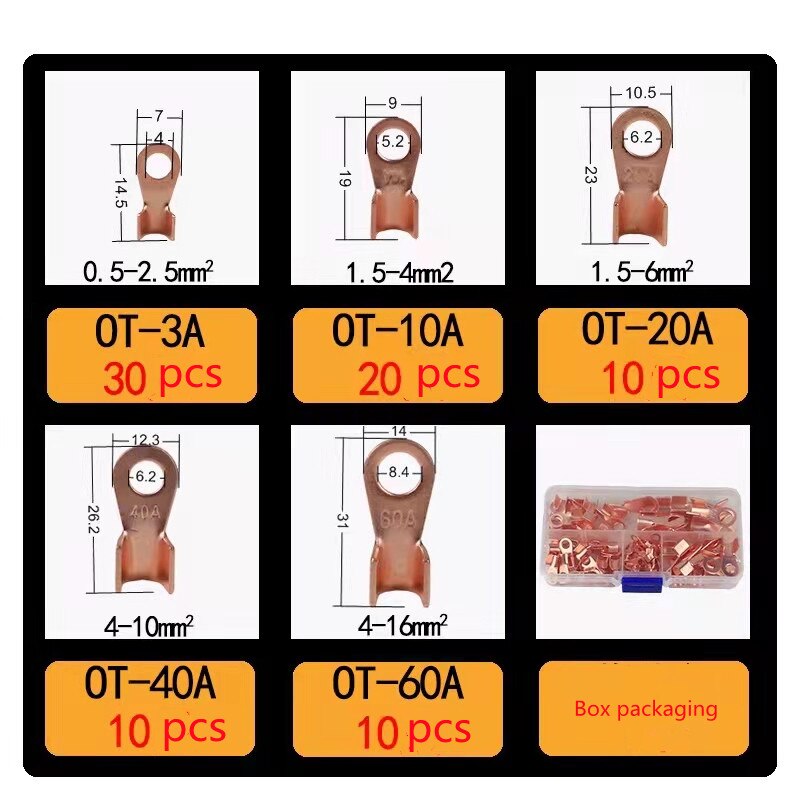 Koper Batterij Kabel Connector Terminal Open Lugs Draad Terminals Ot 10A-100A 90 Pcs