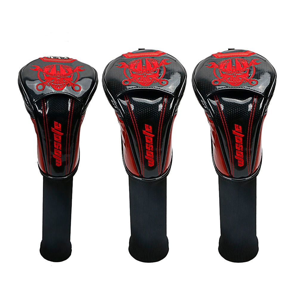 Golf Club Headcovers 1# Driver 3# 5# Wood # Hybrid Cover PU Leather with red Skull embroidery Head Covers