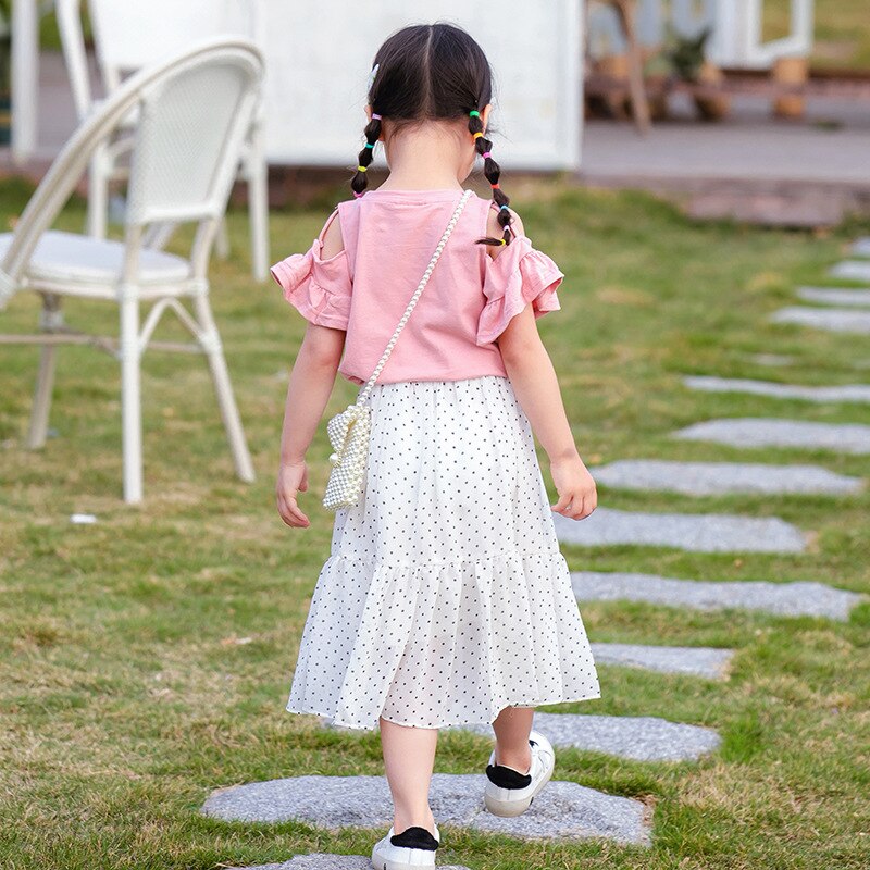 Zomer Leuke Meisjes T-shirt Ruches Off Shoulder Effen Kleur Flouncing Korte Mouw Ronde Kraag Top Kinderen