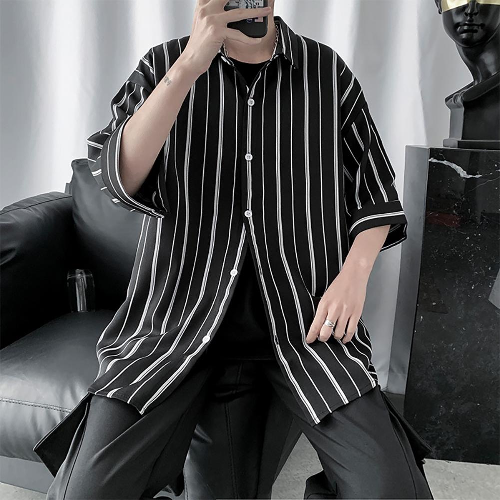 Striped Short Sleeves Turn-down Collar -Shoulder Men Loose Top Shirt Men's Clothing