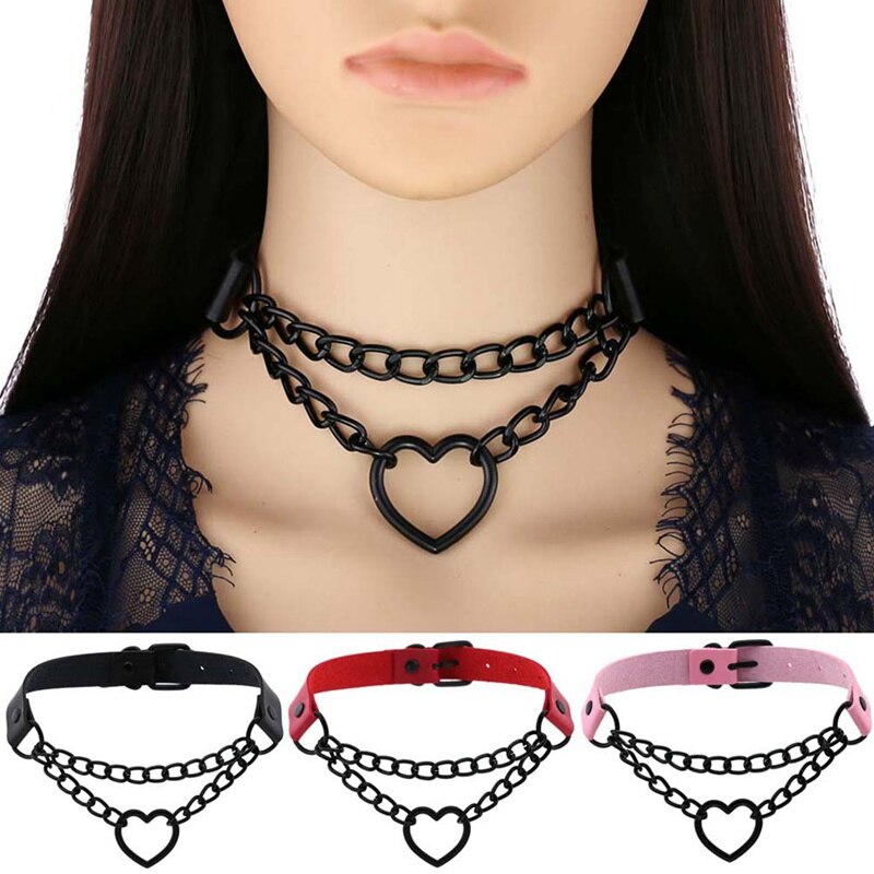 Frauen Hiphop Nette Cosplay Maid Kragen Punk Gothic Leder Halsband Metall Kette Harajuku Einstellbare Herz Halskette Schmuck