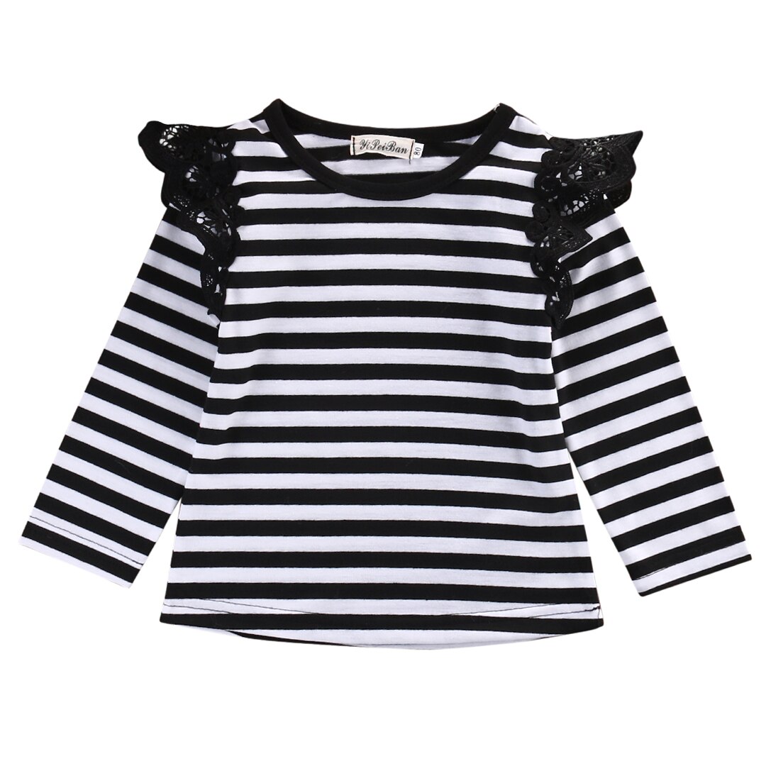 Babys Girls T-Shirt Tops Clothes Birthday Lace Flying Long Sleeve Tops Outfit Blouse: Striped / 6m
