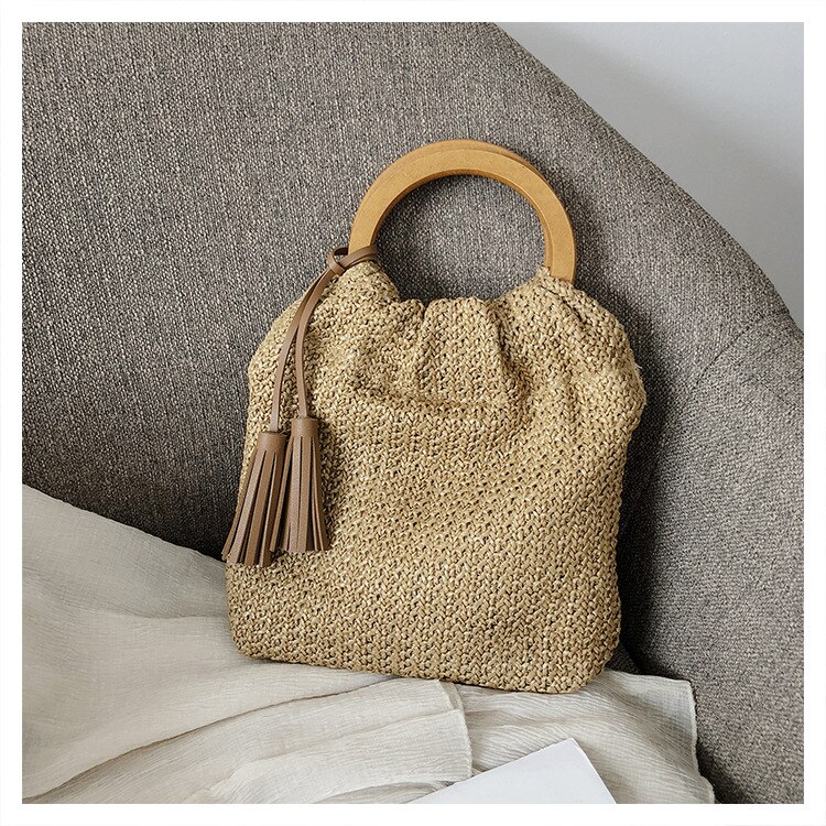 #39 dameshandtas zomer stro strandtas bohemian dames netvak holle ronde handgreep tote met hout