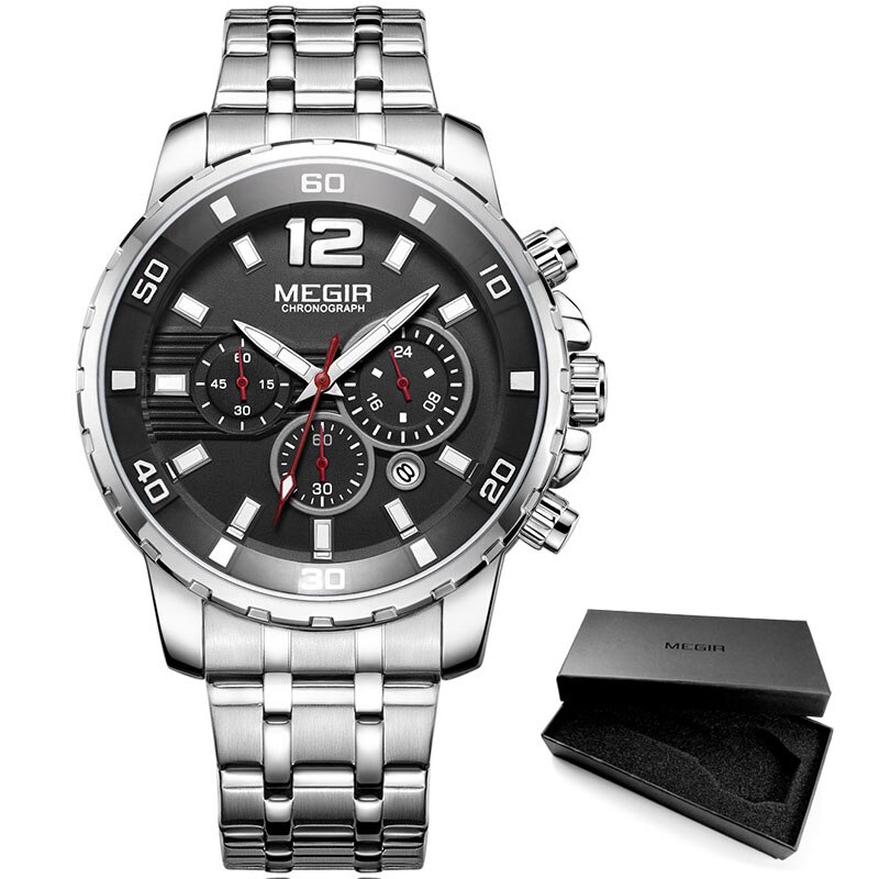 Megir Mannen Goud Rvs Quartz Horloges Business Chronograaf Analgue Horloge Voor Man Waterdichte Lichtgevende 2068GGD-2N3: M2068-Silver black