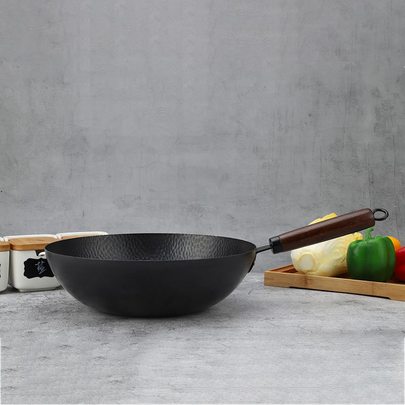 Sartén de inducción para Wok, 32cm, sin químicos, acero al carbono sartén para freír con mango de madera desmontable